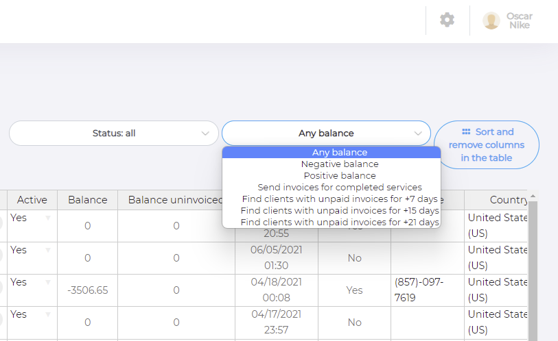 search clients with positive or negative balance